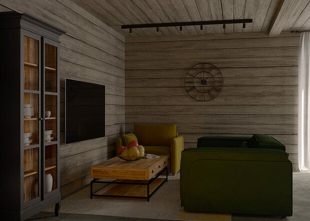 Визуализация интерьера гостиной в стиле лофт с элементами эко