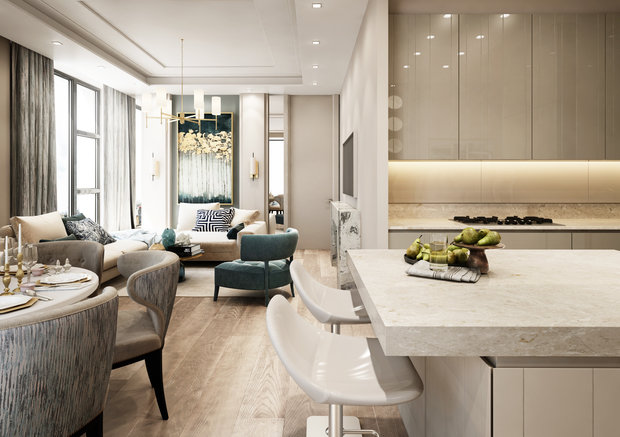Визуализация интерьера кухни и столовой в современном стиле