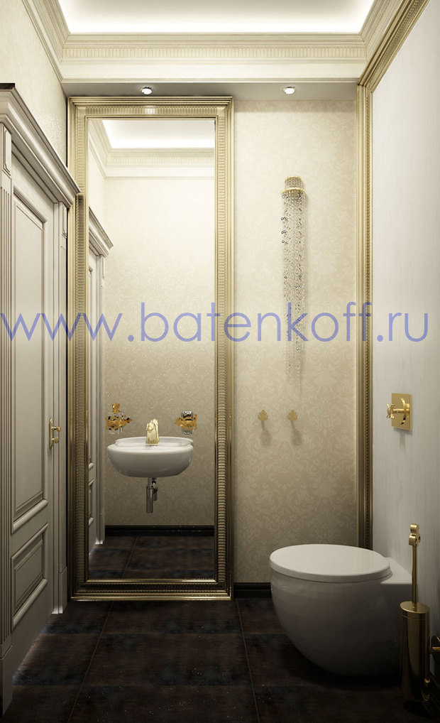 Фото из портфолио Дизайн проект компактного гостевого туалета в классическом стиле от Батенькофф в таунхаусе. Поселок Палникс. – фотографии дизайна интерьеров на InMyRoom.ru