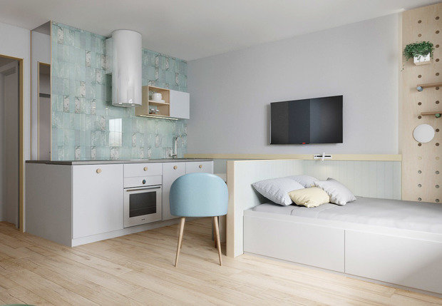 Дизайнеру хотелось передать ощущение, когда утром в лесу выходишь на свою террасу, солнце еще не взошло высоко и все окутано легкой дымкой, воздух свежий и прохладный, начинают петь птицы.