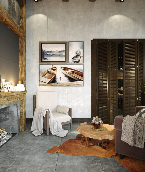 Визуализация интерьера гостиной в стиле лофт с элементами скандинавского стиля