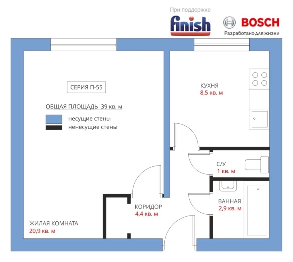 Фотография: в стиле , Кухня и столовая, Перепланировка, Анастасия Киселева, Максим Джураев, П-55, Finish – фото на INMYROOM