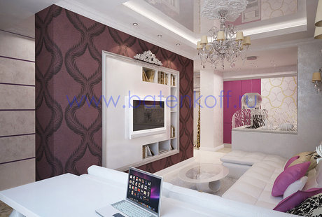 Дизайн проект гостиной в квартире для девушки от Батенькофф