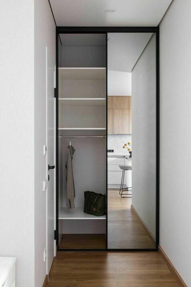 Слева при входе за зеркальными фасадами предусмотрели вместительную систему хранения. Слева при входе за зеркальными фасадами предусмотрели вместительную систему хранения.