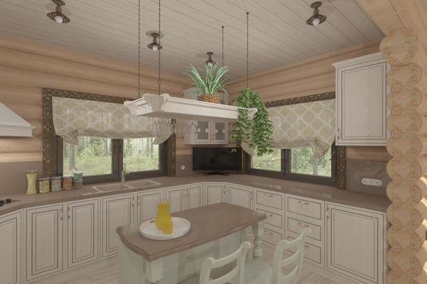 Фото из портфолио Гостиная-кухня в доме из бревна – фотографии дизайна интерьеров на INMYROOM