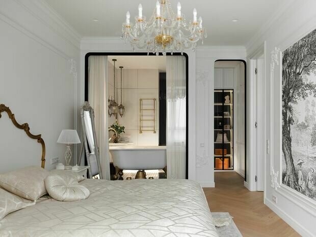 Фотография: Спальня в стиле Классический, Современный, Квартира, Проект дня, Москва, 2 комнаты, 60-90 метров, современный с элементами классики и роскоши, современный с элементами неоклассики, Ксения Луб – фото на INMYROOM