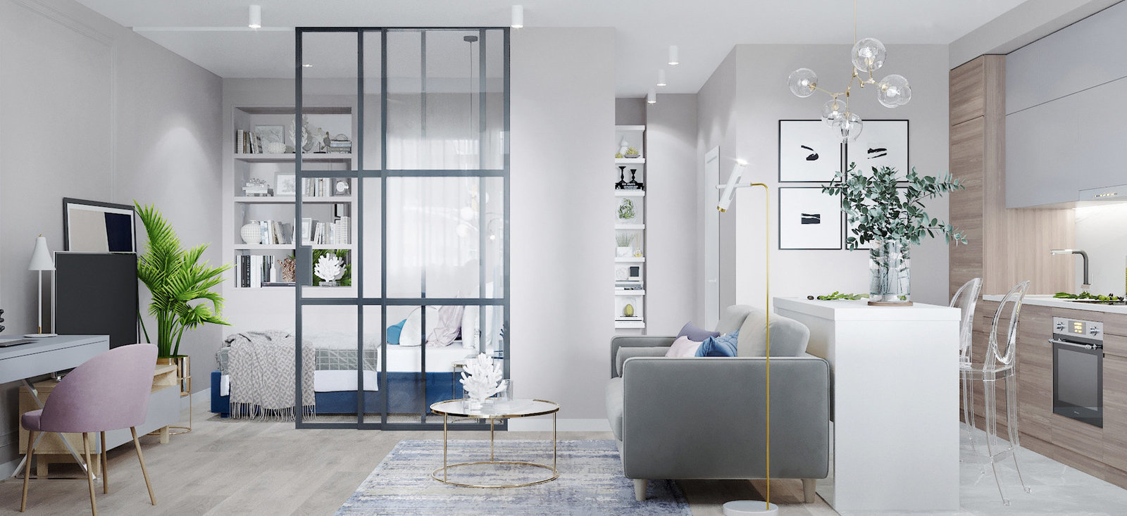 Фотография: Гостиная в стиле Современный, Гид, Зонирование, стеклянная перегородка в однушке, как зонировать студию, Стеклянная перегородка, OM Design, Олег Минц, энциклопедия_интерьер, Серж Махов, Ольга Бойцова, Екатерина Уланова, Катерина Кузнецова, зонирование с помощью перегородок, Антон Прошакин, Студия Ирины Райхер – фото на INMYROOM