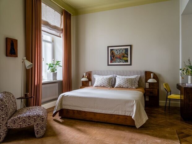 Фотография: Спальня в стиле Современный, Эклектика, Винтажный, Квартира, Проект дня, Кирпичный дом, 3 комнаты, Более 90 метров, Елена Учаева – фото на INMYROOM