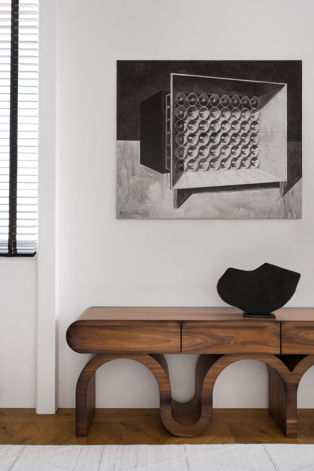 Фотография: Гостиная в стиле Современный, Квартира, Проект дня, Москва, 3 комнаты, Более 90 метров, минимализм, современный, фото интерьера, дизайн интерьера фото, винтаж/ретро, Валерия Разумова – фото на INMYROOM