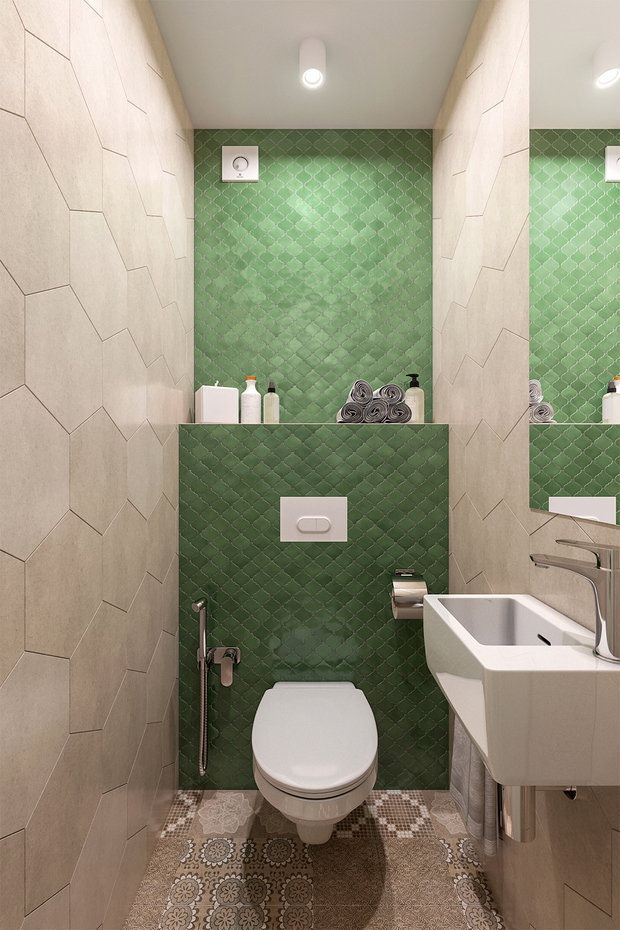 Фотография: Ванная в стиле Современный, Кухня и столовая, Гостиная, Спальня, Квартира, Проект недели, Бежевый, Голубой, 4 и больше, 60-90 метров, ПРЕМИЯ INMYROOM – фото на INMYROOM