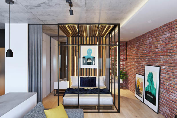 Фотография: Спальня в стиле Лофт, Квартира, Проект недели, Алексей Иванов, Павел Герасимов, Geometrium, Московская область, 2 комнаты, 40-60 метров, Монолитно-кирпичный – фото на INMYROOM