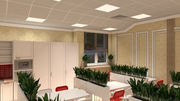 Фото из портфолио Столовая для сотрудников и комната отдыха для руководства фирмы, г.Москва. Просьба заказчика - оставить характерные стулья в столовой. – фотографии дизайна интерьеров на INMYROOM