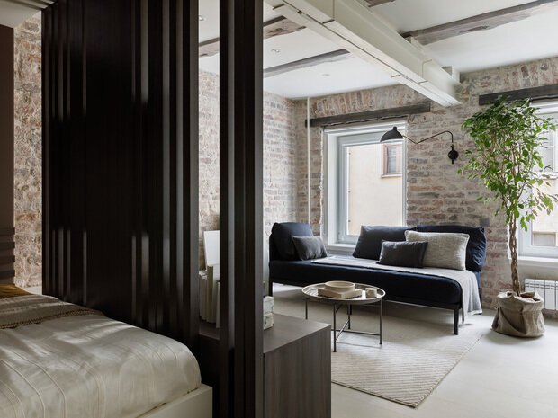 Фотография: Гостиная в стиле Лофт, Современный, Малогабаритная квартира, Квартира, Студия, Проект недели, Санкт-Петербург, Кирпичный дом, до 40 метров, Background studio – фото на INMYROOM