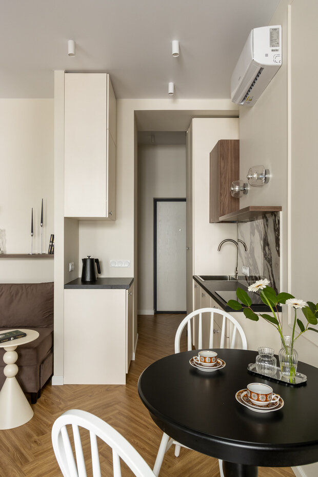 Фотография: Кухня и столовая в стиле Классический, Современный, Эклектика, Малогабаритная квартира, Квартира, Студия, Проект дня, Санкт-Петербург, Кирпичный дом, до 40 метров, Екатерина Шейн, современный с элементами лофта – фото на INMYROOM