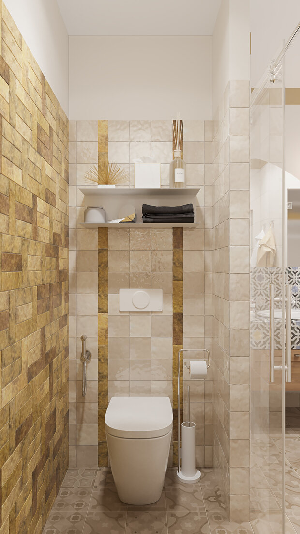 В этой ванной комнате было решено отделить зону с унитазом от основного пространства за счет установки раздвижной стеклянной двери.