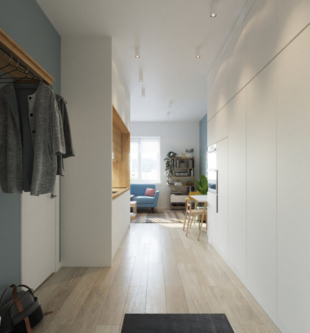Фотография: Прихожая в стиле Скандинавский, Минимализм, Современный, Квартира, Студия, Россия, Белый, Проект дня, Москва, Желтый, Голубой, Бирюзовый, до 40 метров, Legkocom – фото на INMYROOM
