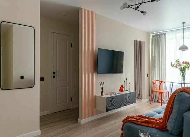 Фотография: Гостиная в стиле Скандинавский, Современный, Минимализм, Квартира, Проект недели, Москва, Кирпичный дом, 40-60 метров, II-29, Алина Валиуллина – фото на INMYROOM