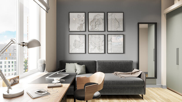 Использовали два цвета краски: бежевый и светло-серый. Чередования этих цветов полностью окутывает пространство.