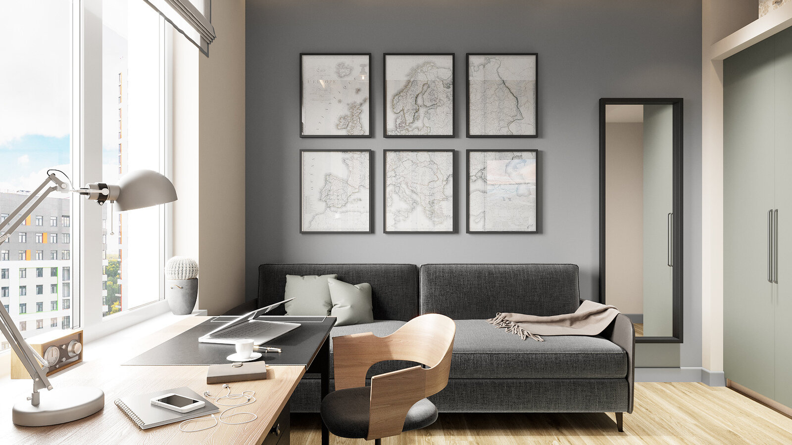 Использовали два цвета краски: бежевый и светло-серый. Чередования этих цветов полностью окутывает пространство. Использовали два цвета краски: бежевый и светло-серый. Чередования этих цветов полностью окутывает пространство.