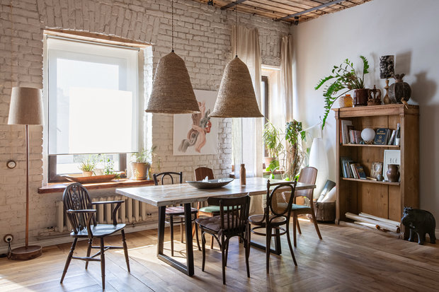 Фотография: Кухня и столовая в стиле Скандинавский, Эклектика, Эко, Квартира, Проект недели, Санкт-Петербург, 3 комнаты, Более 90 метров, Эли Гордеева, интерьер в балийском стиле, стиль Бали, атмосфера Бали в интерьере – фото на INMYROOM