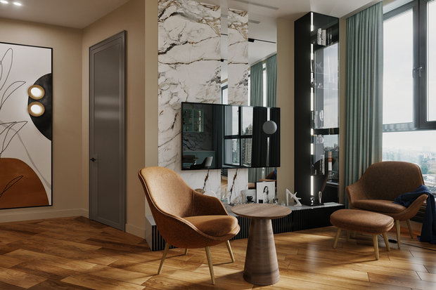 При обсуждении проекта выяснилось, что заказчики хоть и любят все современное, но все же хотели бы иметь цветной, яркий, душевный интерьер с нотками стиля mid-century в мебели, светильниках и в самой атмосфере. Это стало отправной точкой для выбора цветовой гаммы. 