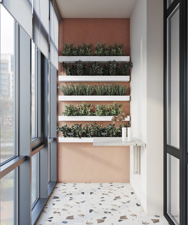 Визуализация балкона в стиле минимализм с вертикальным озеленением