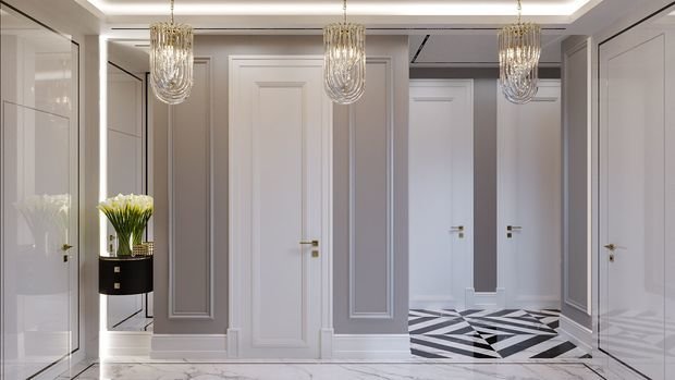Фото из портфолио ЖК Сити Парк: современная эклектика, белый холл, черная спальня, гардеробная со стеклянной перегородкой – фотографии дизайна интерьеров на INMYROOM