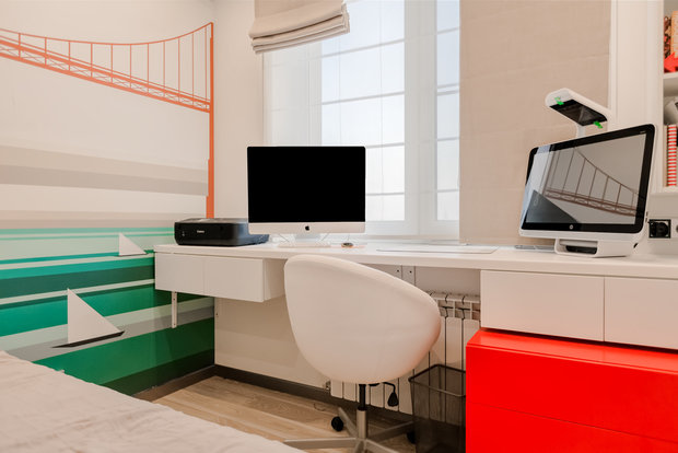 Фотография: Кабинет в стиле Современный, Квартира, Eames, Gorenje, Проект недели, Москва, Бежевый, Dulux, Желтый, Серый, Декоративная штукатурка, Коричневый, Граффити, SLV, ИКЕА, кирпич в интерьере, кирпичная стена, кирпичная стена в интерьере, идеи перепланировки однушки, перепланировка однокомнатной квартиры, современный интерьер, Roca, Porcelanosa, освещение в спальне, Lightstar, Jacob Delafon, Kermi, Centrsvet, как организовать хранение на небольшом метраже, перепланировка студии, кирпичный клинкер, квартира в современном стиле, сценарии освещения, Grohе, хранение книг в небольшой квартире, перепланировка однушки, современный стиль в интерьере, как из однушки сделать двушку, кирпичная кладка в интерьере, современные сценарии освещения, как создать современный и модный интерьер, керамогранит под дерево, Estetica, интерьер с кирпичной кладкой, декоративное освещение в квартире, Megalux, Valentin, Arline, Italline, Constance Guisse, Terhuerne, Calcebeton, Moorbrand, Виктория Золина, Zi-Design Interiors – фото на INMYROOM