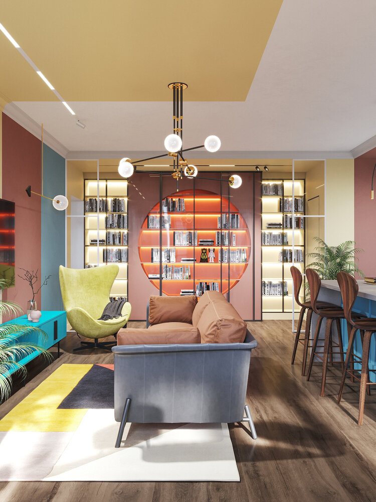 На стене напротив окна спроектировали современный, очень стильный стеллаж для книг и декора. Подсветка делает его еще более необычным. На стене напротив окна спроектировали современный, очень стильный стеллаж для книг и декора. Подсветка делает его еще более необычным.