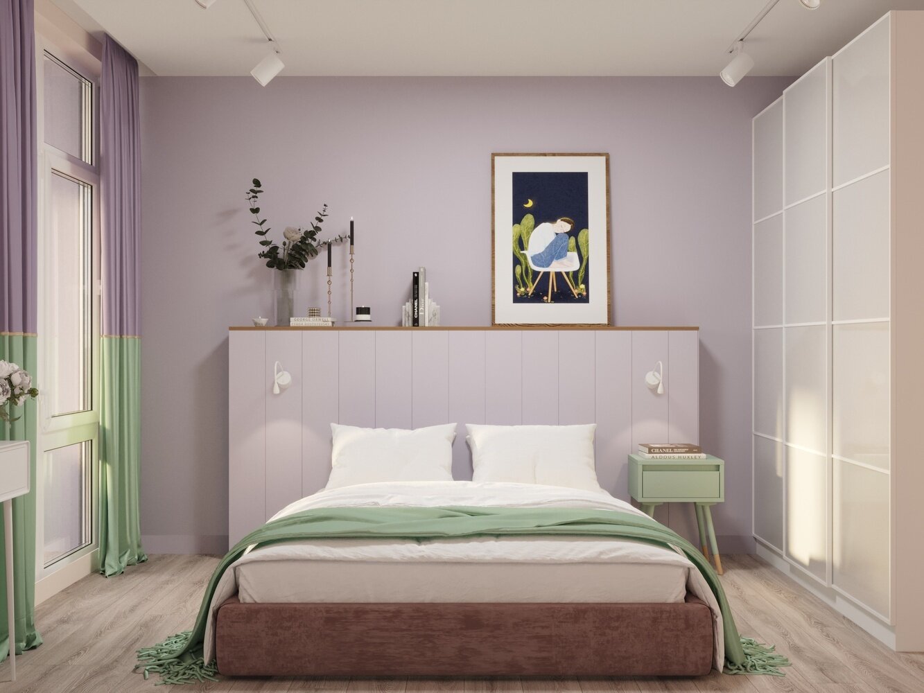 В спальне использовали спокойные оттенки мятного, песочного и лавандового цветов, которые способствуют спокойствию и умиротворению. В спальне использовали спокойные оттенки мятного, песочного и лавандового цветов, которые способствуют спокойствию и умиротворению.