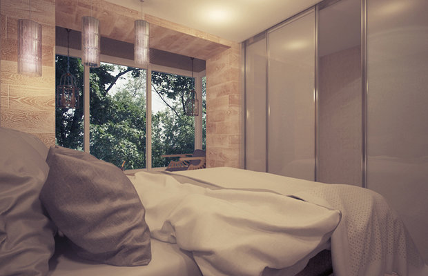 Фотография: Спальня в стиле Современный, Эко, Квартира, Россия, Vitra, Белый, Проект недели, Бежевый, Dulux, Серый, Коричневый, ИКЕА, Kerama Marazzi, Новая Москва, Стильные кухни, Aureliano Toso, Vetroarredo, Kermi, Am.Pm, Devon Devon, PremierDecor, Azteca, Kludi Steel, Виктория Качуровская, Александра Бронникова, АрхБрови, ArchBrovi, студия для двоих в экостиле, скругленные углы, стена из стеклоблоков, однушка из двушки, Тушино – фото на INMYROOM