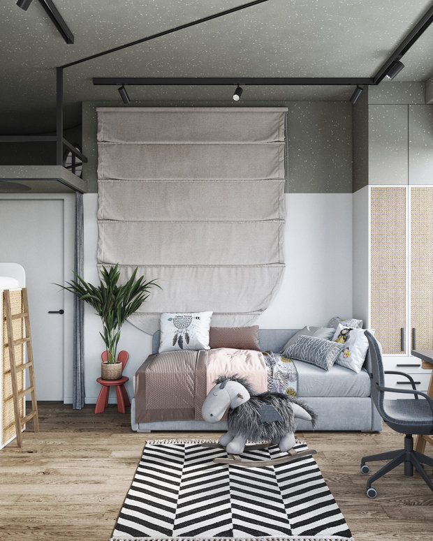 Для приватности предусмотрели римскую штору на окно-иллюминатор.