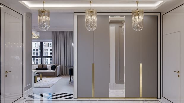 Фото из портфолио ЖК Сити Парк: современная эклектика, белый холл, черная спальня, гардеробная со стеклянной перегородкой – фотографии дизайна интерьеров на INMYROOM