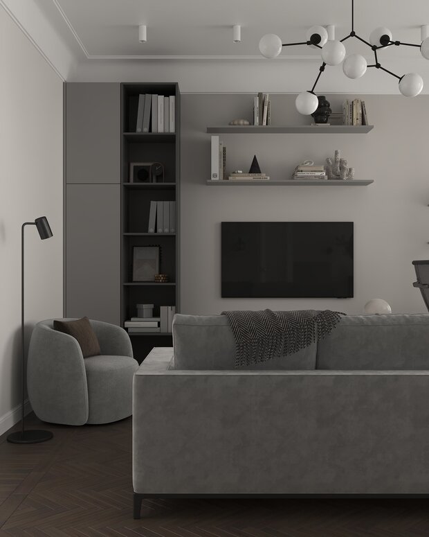 Визуализация интерьера гостиной в стиле минимализм