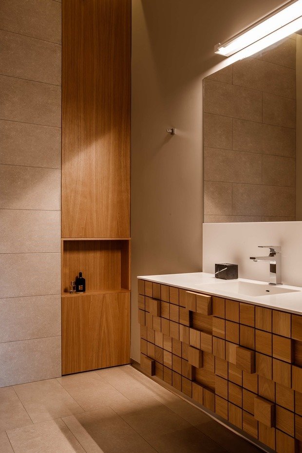 Интерьер ванной в стиле минимализм с элементами джапанди