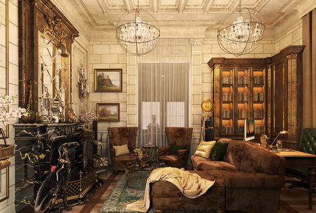 Fireplace room with study
