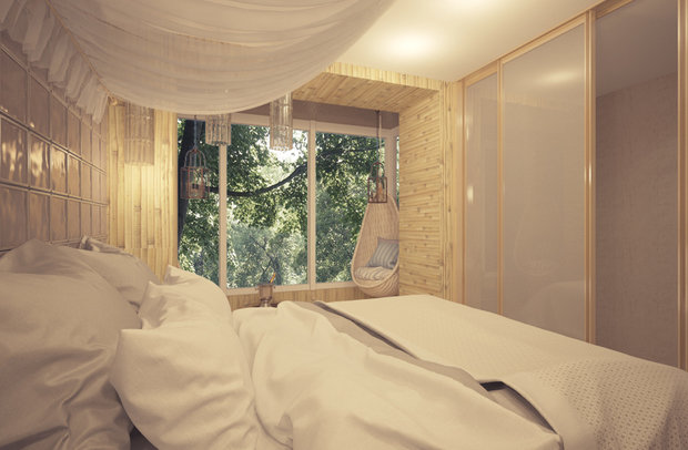 Фотография: Спальня в стиле Современный, Эко, Квартира, Россия, Vitra, Белый, Проект недели, Бежевый, Dulux, Серый, Коричневый, ИКЕА, Kerama Marazzi, Новая Москва, Стильные кухни, Aureliano Toso, Vetroarredo, Kermi, Am.Pm, Devon Devon, PremierDecor, Azteca, Kludi Steel, Виктория Качуровская, Александра Бронникова, АрхБрови, ArchBrovi, студия для двоих в экостиле, скругленные углы, стена из стеклоблоков, однушка из двушки, Тушино – фото на INMYROOM