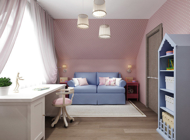 Фотография: Детская в стиле Скандинавский, Современный, Дом, Проект недели, Дом и дача, мансарда в загородном доме, Самара, Ольга Агапонова, Artek Design Studio, ванная комната в мансарде, деревянная лестница, гардеробная с окном – фото на INMYROOM