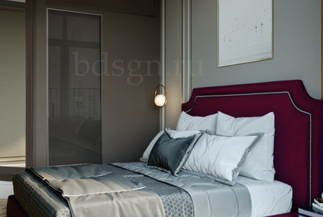 Спальня и бордовая кровать 