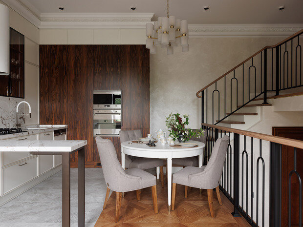 Фотография: Кухня и столовая в стиле Классический, Современный, Эклектика, Квартира, Проект дня, Санкт-Петербург, Кирпичный дом, 4 и больше, Более 90 метров, Эксклюзивные проекты, современный с элементами классики и роскоши, Елена Куртина, Жанна Тульнова – фото на INMYROOM