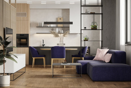Светлая семейная квартира с синими акцентами 80 м²