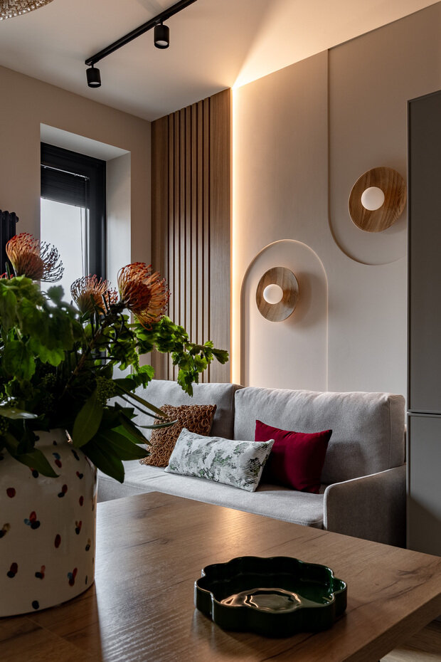 Фотография: Гостиная в стиле Современный, Малогабаритная квартира, Квартира, Проект дня, Москва, 1 комната, 40-60 метров, Ирина Долганова, современный с элементами минимализма и скандинавского стиля – фото на INMYROOM