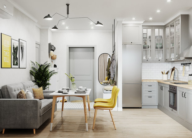 Фотография: Кухня и столовая в стиле Скандинавский, Ванная, Спальня, Квартира, Проект недели, Зеленый, Желтый, Серый, 1 комната, до 40 метров, ПРЕМИЯ INMYROOM – фото на INMYROOM