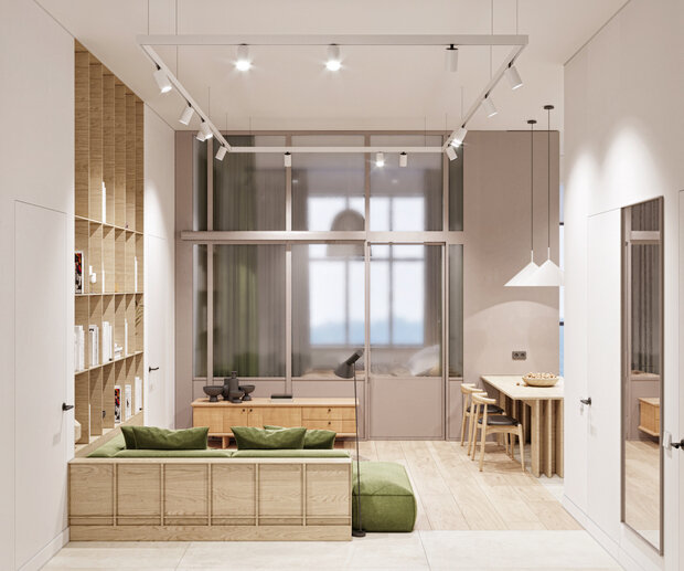 Фотография: Гостиная в стиле Современный, Минимализм, Квартира, Проект недели, Воронеж, Кирпичный дом, 3 комнаты, 60-90 метров, Более 90 метров, TOU ARCHITECTS – фото на INMYROOM