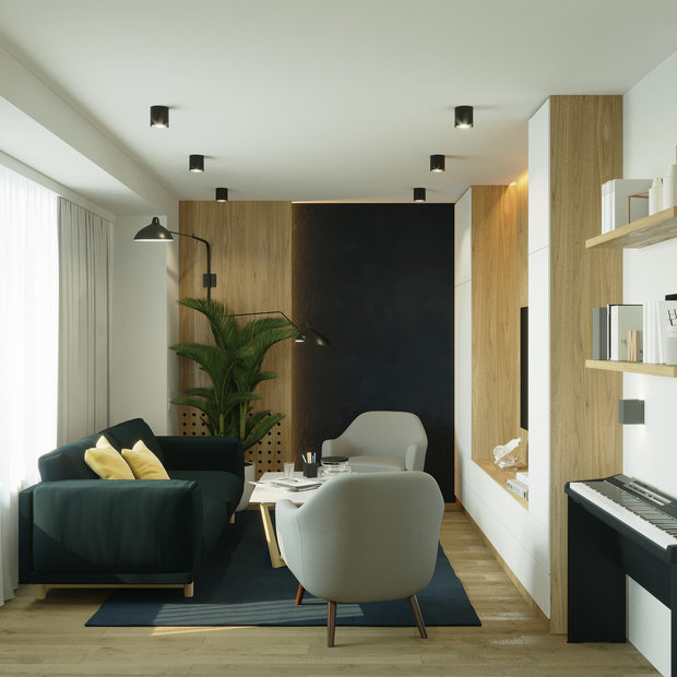 Фотография: Гостиная в стиле Современный, Эко, Проект недели, Москва, Панельный дом, 2 комнаты, 60-90 метров, LINES – фото на INMYROOM