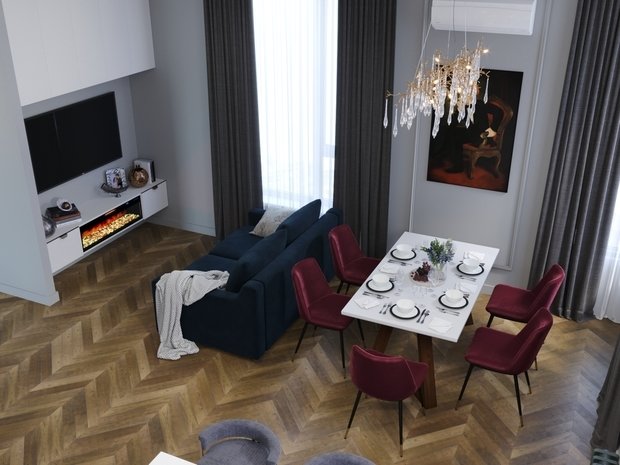 При подборе мягкой мебели кроме цвета и формы учитывалось также наличие в доме двух кошек. Поэтому крупные предметы мягкой мебели, такие как диван в гостиной и кровать, выполнены из материала, напоминающего велюр, но обладающего антивандальными свойствами.