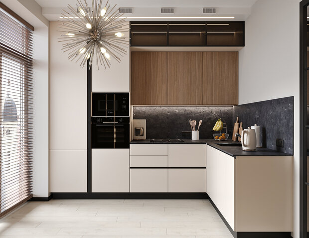 Выбрали несколько отделок для фасадов: гладкие матовые фасады белого цвета с контрастными черными деталями плюс верхние шкафы в шпоне. Антресольные шкафы выполнены с фасадами из тонированного стекла с внутренней подсветкой.