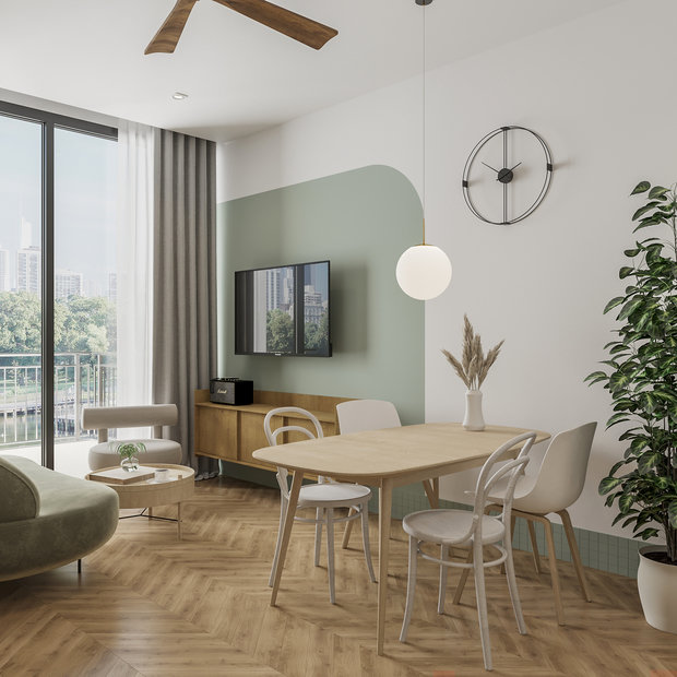 Стены будут окрашены краской Derufa, ее матовая поверхность приводит в восторг. Паркетная доска и шестигранный керамогранит — для отделки пола. А также настоящий советский стеклоблок — совместили элементы теплого авангарда и постмодерна с современной минималистичной формой напольных шестигранников в пэчворк-принте.