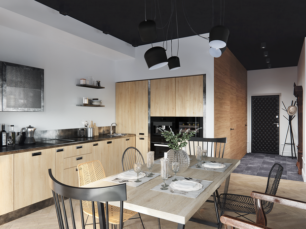Фотография: Кухня и столовая в стиле Лофт, Эклектика, Квартира, Минимализм, Проект дня, Черный, Подмосковье, дерево в интерьере, инженерная доска, черный потолок в интерьере, 2 комнаты, 60-90 метров, Монолитно-кирпичный, Анна Сухая, коттеджный поселок Западная Долина – фото на INMYROOM