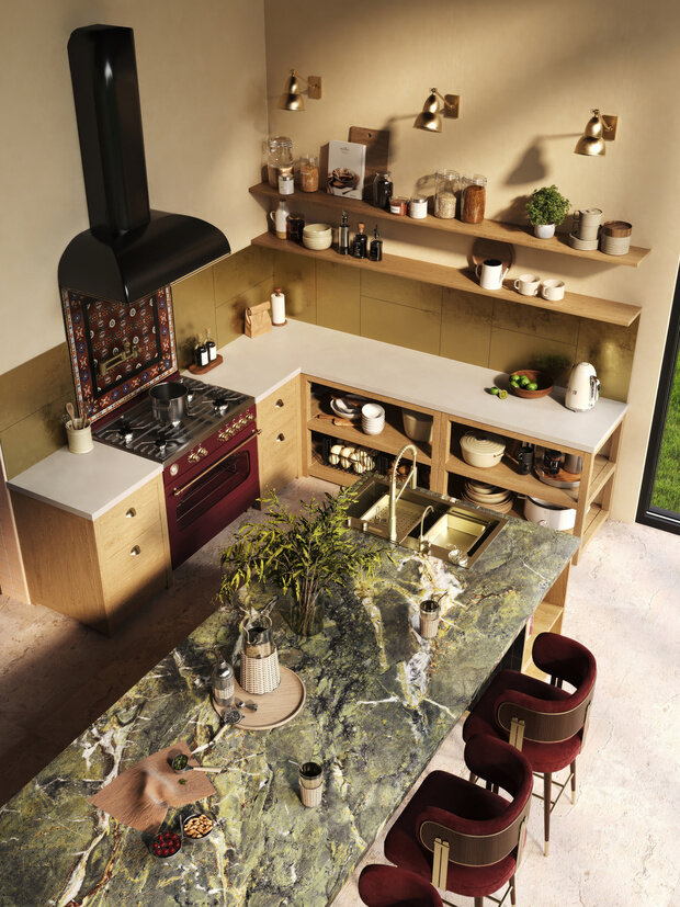 В этой кухне предусмотрели большую площадь столешницы: на ней будут стоять разные профессиональные приборы, которые нужны заказчице для приготовления блюд.